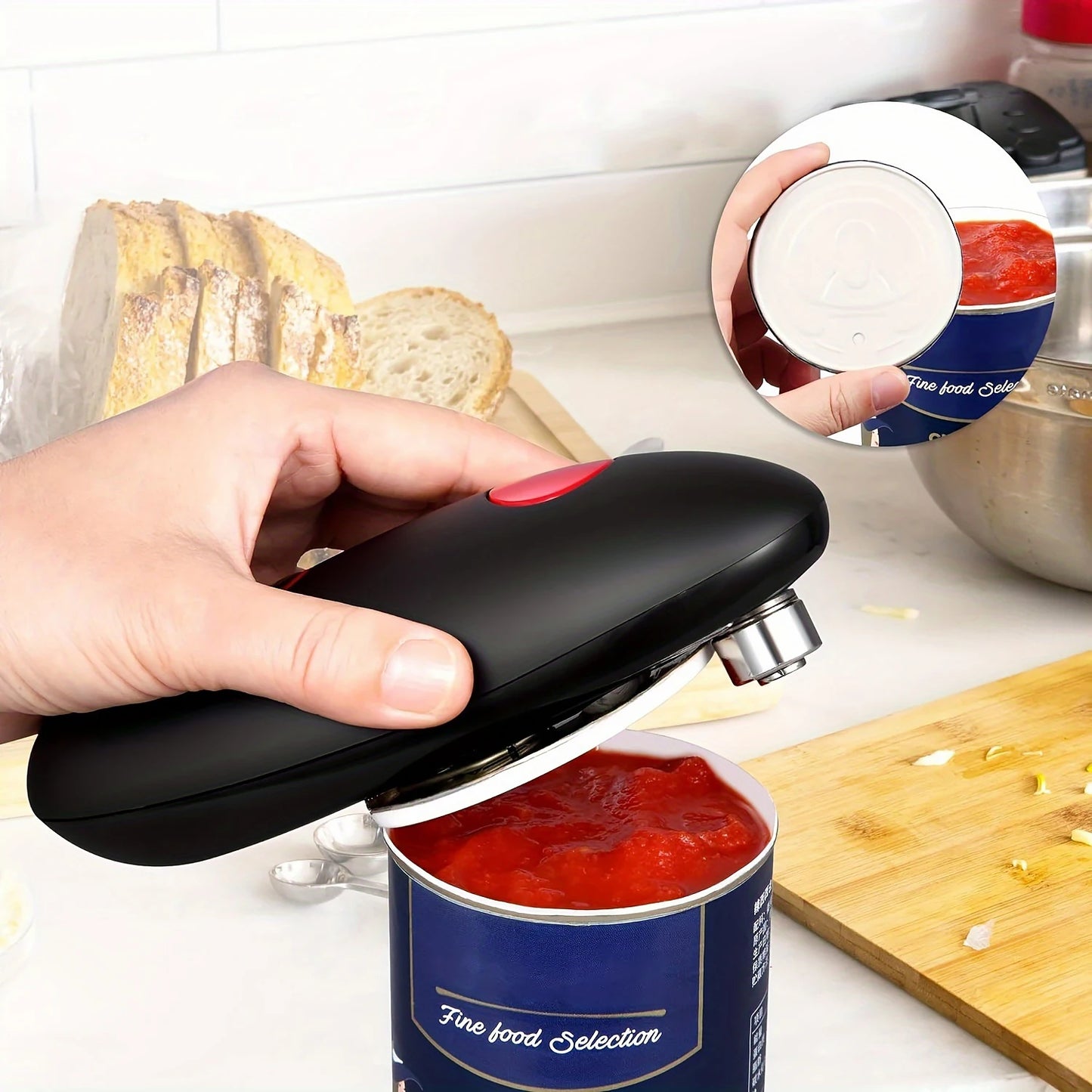 One-touch electric can opener with automatic cutting system for easy, safe, and smooth opening of cans in the kitchen.