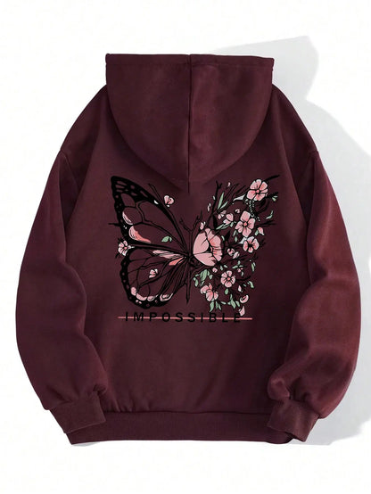 Women’s Rose Butterfly Print Hoodie – Casual Fleece Pullover.