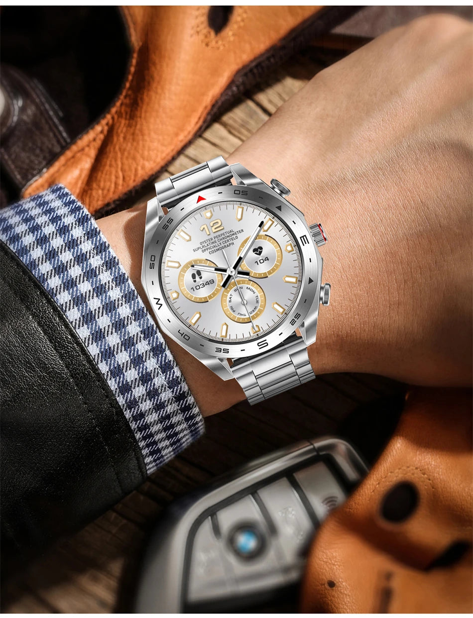 Silver wristwatch with detailed face on a wrist, close-up shot.