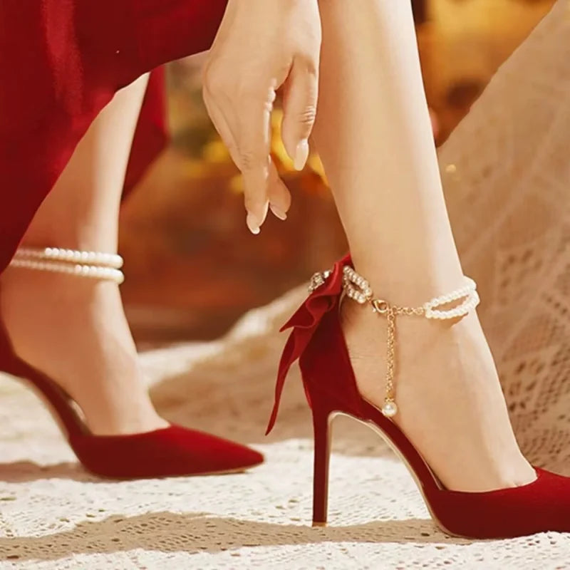 Pearl Butterfly Pointed Toe High Heels – Thin Heel Hollow Sandals for Women