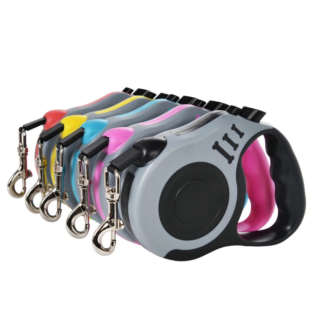 Long retractable dog leash with strong durable nylon tape, ergonomic handle, and smooth lock system for safe walking and training dogs.