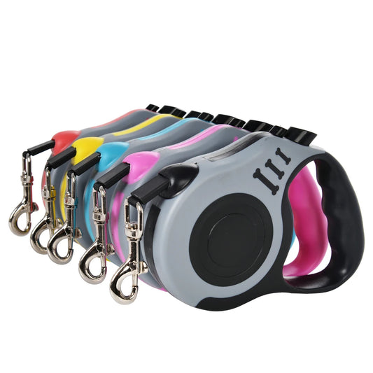 Long retractable dog leash with strong durable nylon tape, ergonomic handle, and smooth lock system for safe walking and training dogs.