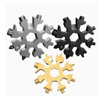 18-in-1 snowflake multitool stainless steel wrench with multiple screwdriver and wrench functions in a compact portable design.