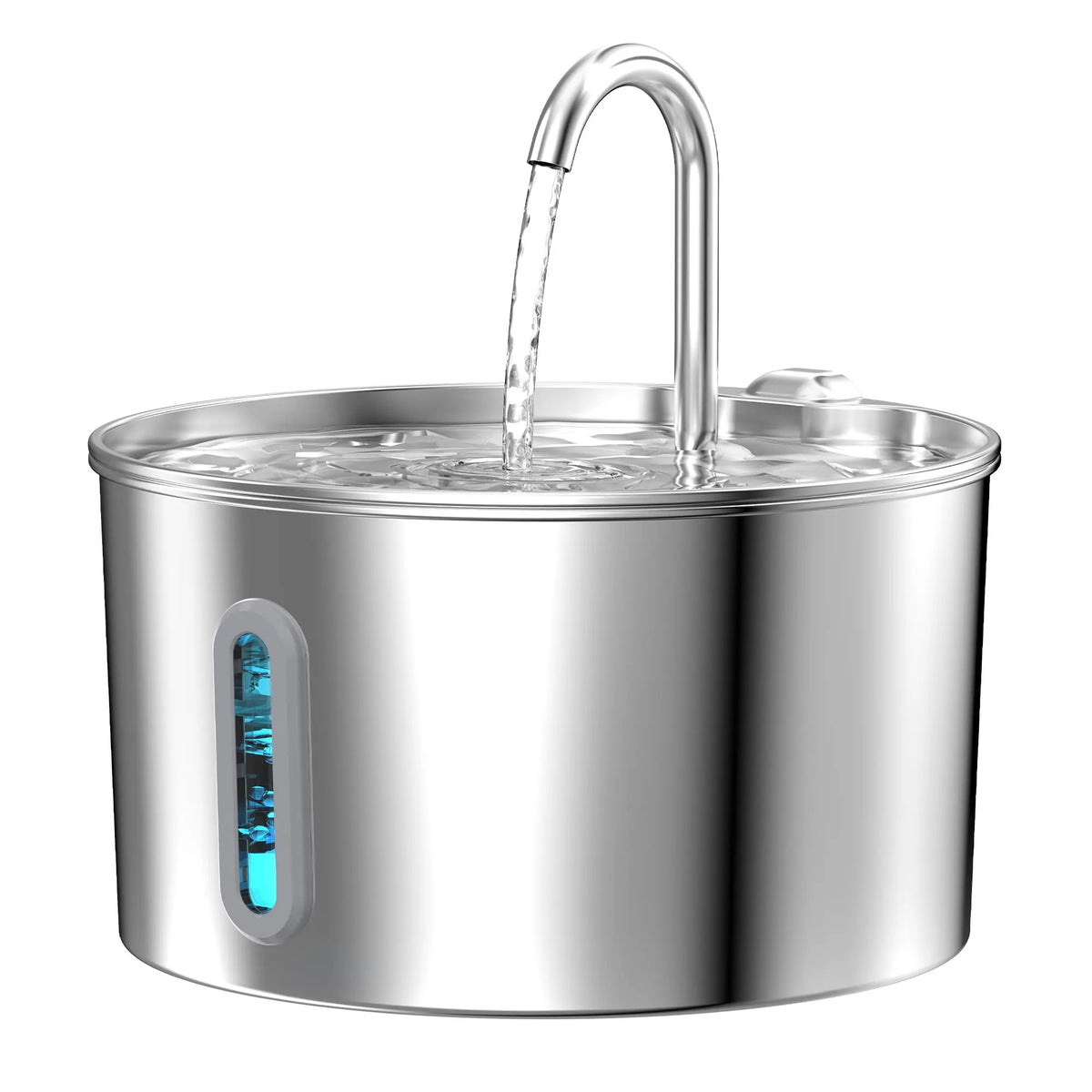 Stainless steel water dispenser with running water on a white background