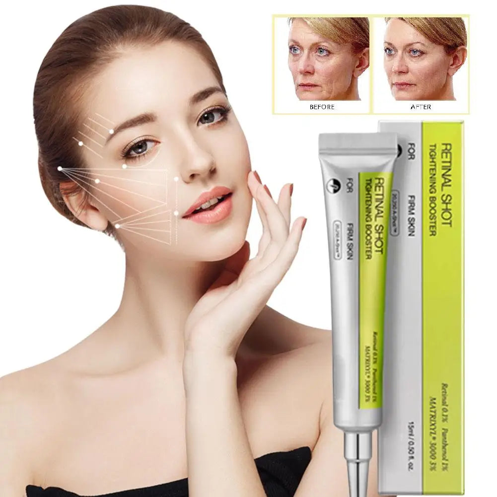Woman with skincare product showing before and after effects on a white background