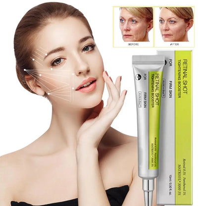 Woman with skincare product showing before and after effects on a white background