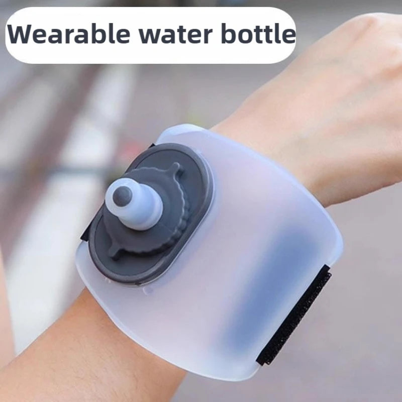 Wristband water bottle with wearable silicone design for hands-free hydration during running, workouts, and outdoor activities.