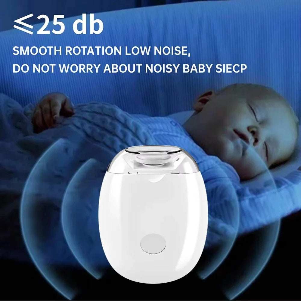 Baby sleeping peacefully with a white noise machine in the foreground, labeled with noise level and features.