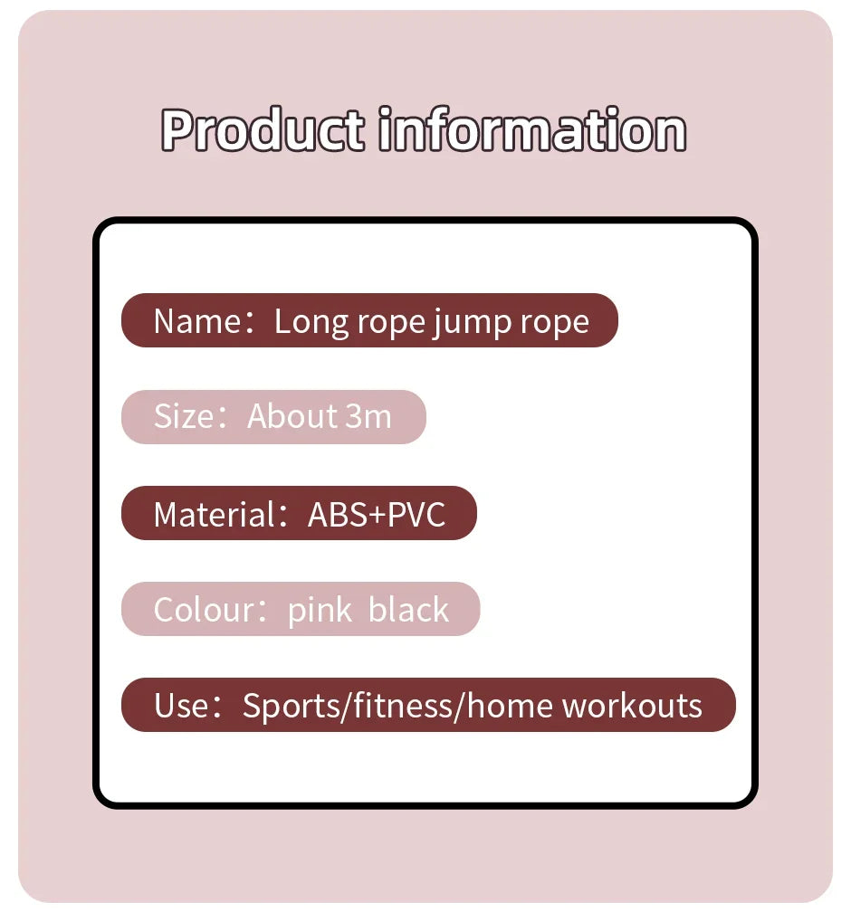 Product information card for a long rope jump rope on a pink background
