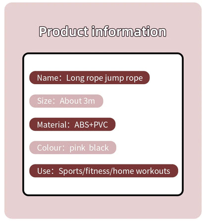 Product information card for a long rope jump rope on a pink background