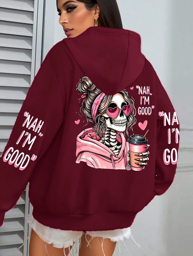 Women Funny Printing Hoodie – Loose Multicolor Fleece Hoody