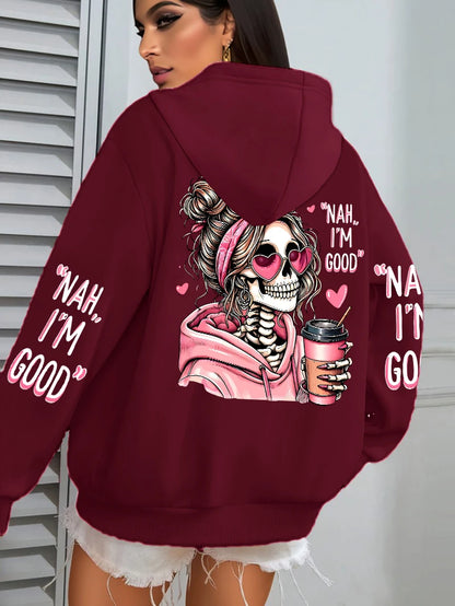 Women Funny Printing Hoodie – Loose Multicolor Fleece Hoody