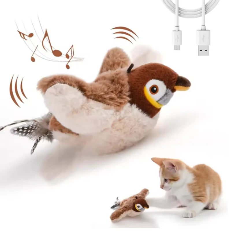 Interactive chirping bird plush pet toy with soft fabric and realistic sound for pet entertainment.