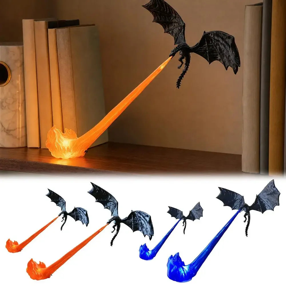A dragon-shaped lamp with black wings and a flame-shaped base, shown lit in orange on a shelf above, plus smaller views below showing the lamp in orange, blue, and white flame colors.