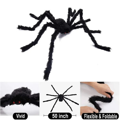 Black fuzzy fake spider toy shown on a white background, with three smaller inset views at the bottom demonstrating its size, detail, and foldable flexible tail. Text labels read 'Vivid', '50 inch', and 'Flexible & Foldable'.
