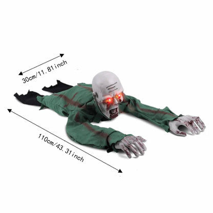 A crawling zombie Halloween decoration shown on a white background with dimension arrows and text indicating 110cm (43.31 inches) length and 30cm (11.
