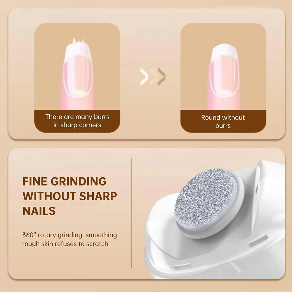 Nail care product with before and after illustration of rounded nails on a beige background.