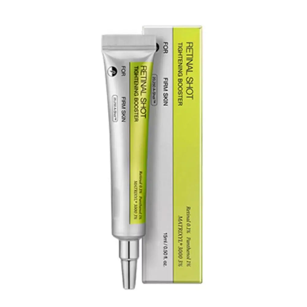 A silver squeeze tube of Skin Care FX Retinal Shot Tightening Booster next to its white and lime green packaging box, shown on a plain white background.