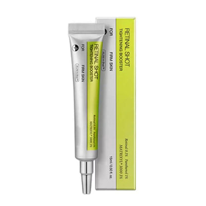 A silver squeeze tube of Skin Care FX Retinal Shot Tightening Booster next to its white and lime green packaging box, shown on a plain white background.