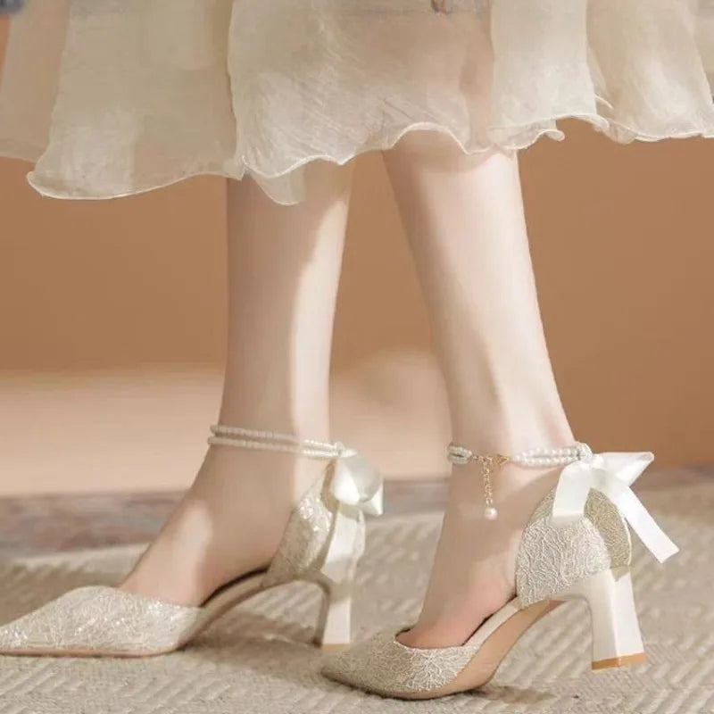 Pearl High Heels for Women – Elegant White Banquet Sandals