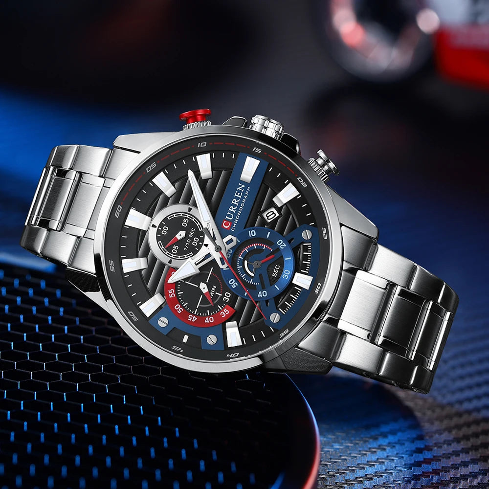 CURREN Men’s Quartz Chronograph Watch – Stainless Steel Sports Casual Wristwatch