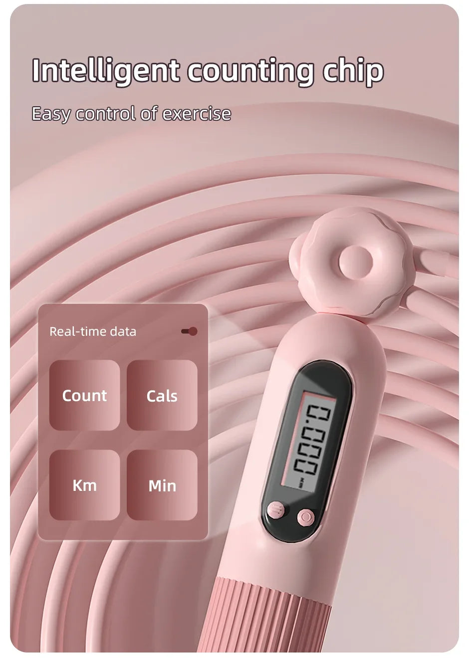 Pink digital fitness tracker with a stylized background and text about an 'intelligent counting chip' and 'easy control of exercise'.