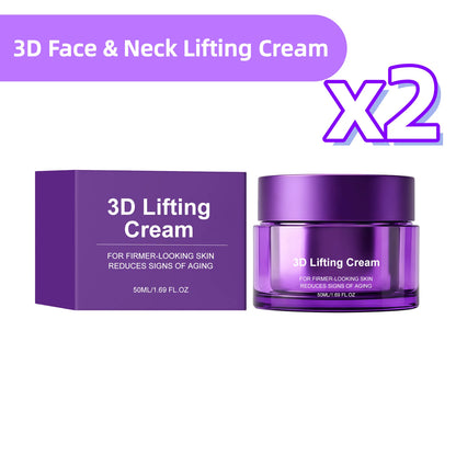 Purple skincare product packaging showing a box and jar labeled '3D Lifting Cream' on a white background, with a purple banner at the top reading '3D Face & Neck Lifting Cream' and a large 'x2' graphic.