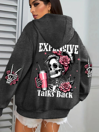Women Funny Printing Hoodie – Loose Multicolor Fleece Hoody