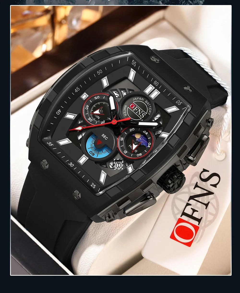OFNS Men’s Quartz Chronograph Watch – Waterproof Luminous Sports Watch with Silicone Strap