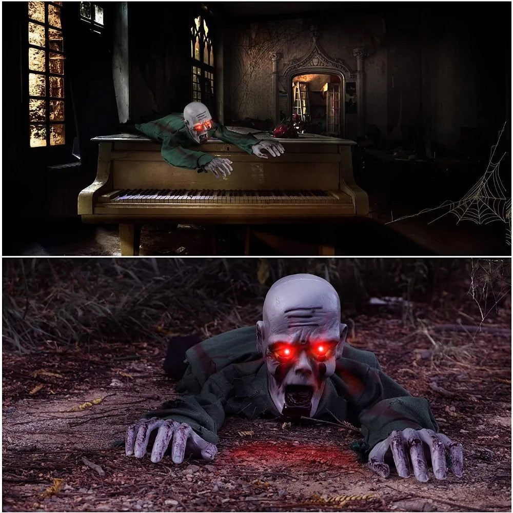 A Halloween decoration of a crawling zombie, shown in two views: one on top of a grand piano in a dark room, and one crawling on a forest floor with glowing red eyes.