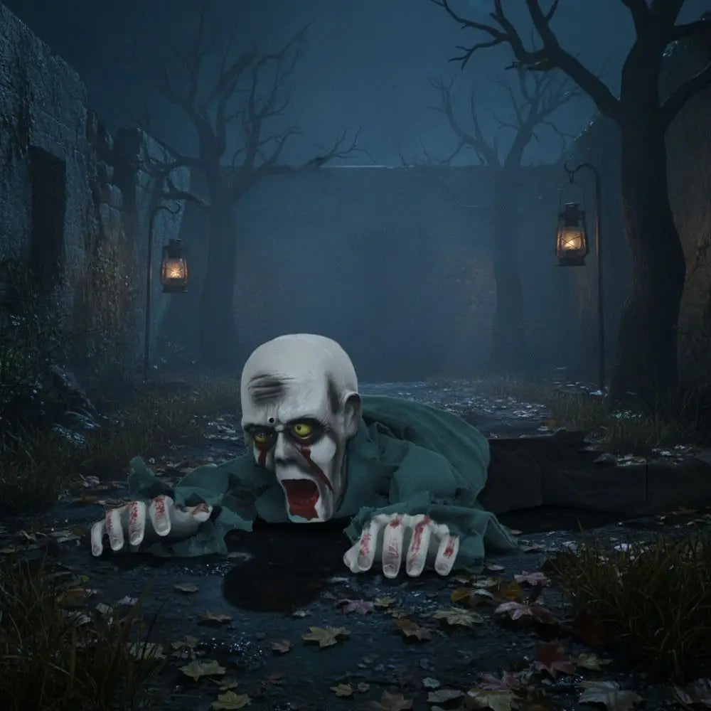 A creepy Halloween zombie prop crawling forward in a dark, foggy outdoor alley with bare trees and hanging lanterns.
