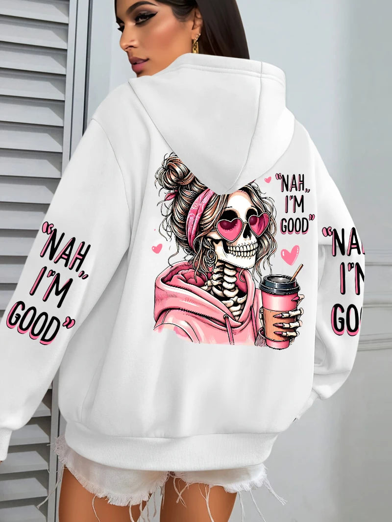 Women Funny Printing Hoodie – Loose Multicolor Fleece Hoody