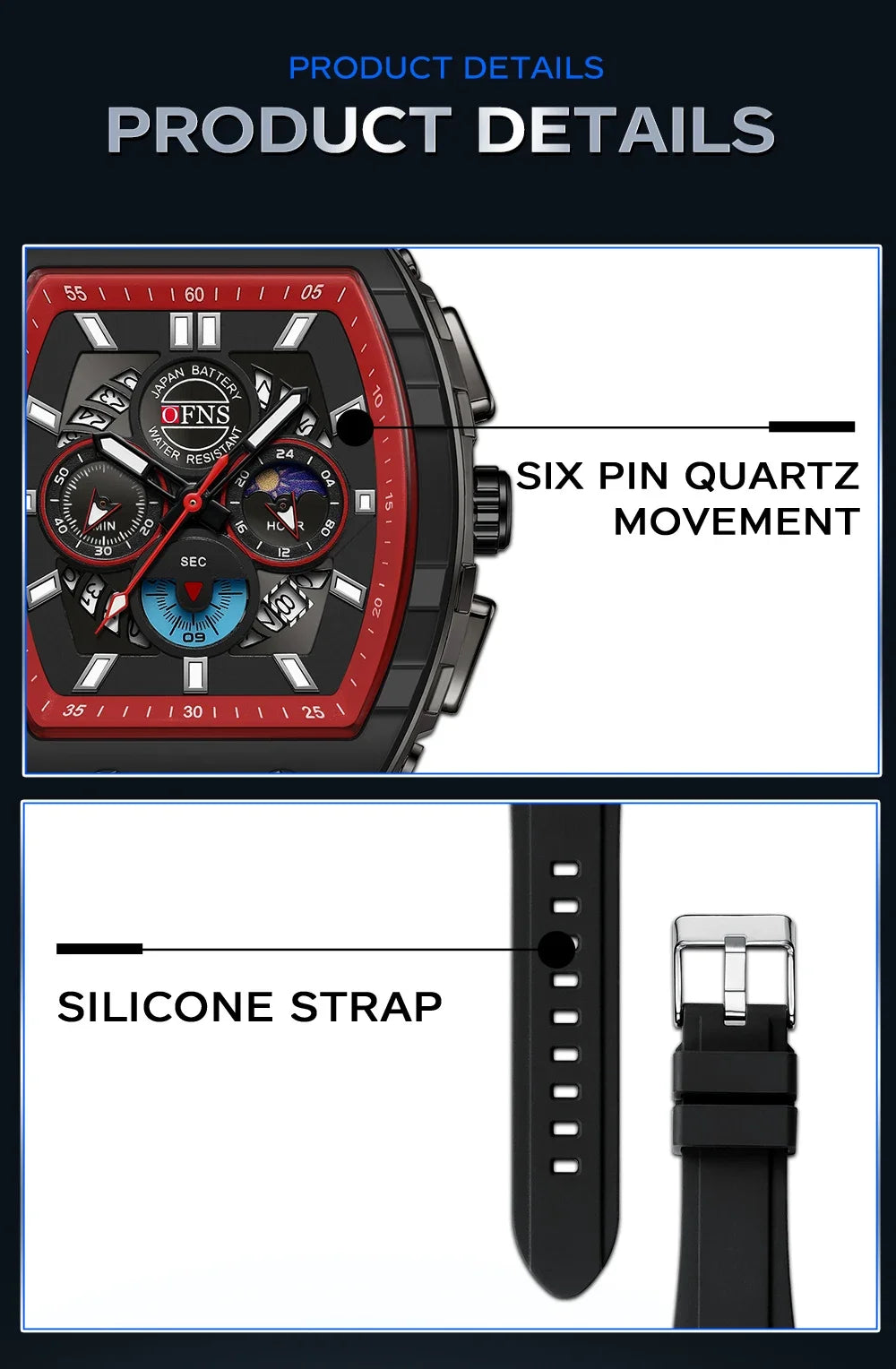 OFNS Men’s Quartz Chronograph Watch – Waterproof Luminous Sports Watch with Silicone Strap