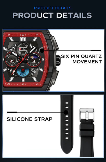 OFNS Men’s Quartz Chronograph Watch – Waterproof Luminous Sports Watch with Silicone Strap