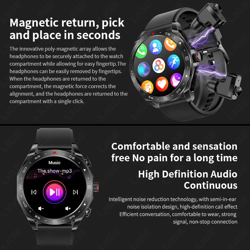 Smartwatch with headphone attachment feature and music player interface on a black background