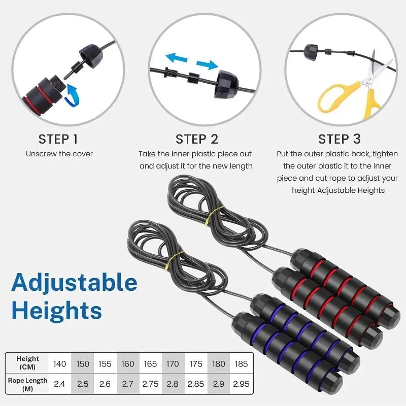 Instructions for adjusting the height of a jump rope with three different height settings shown.