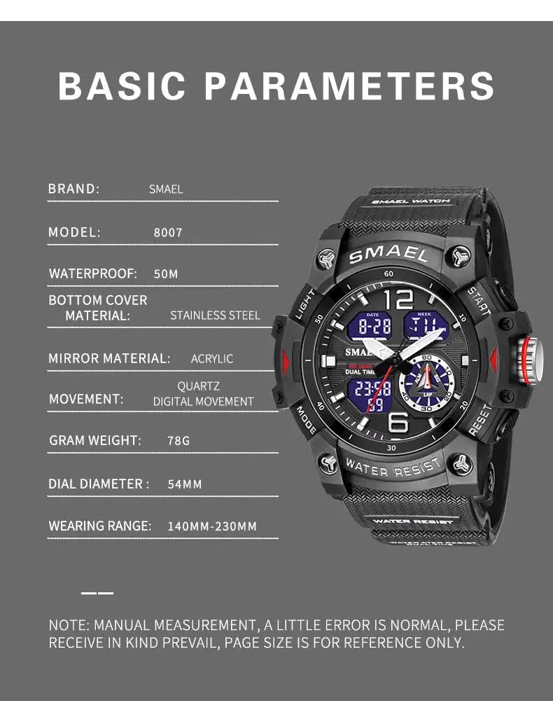 SMAEL Men’s Military Sport Digital Watch – Waterproof Dual Time LED with Alarm & Stopwatch