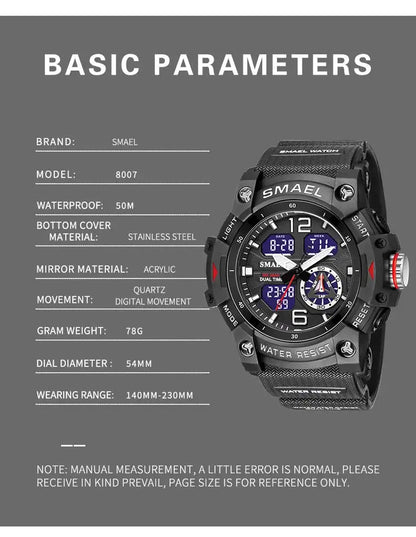 SMAEL Men’s Military Sport Digital Watch – Waterproof Dual Time LED with Alarm & Stopwatch