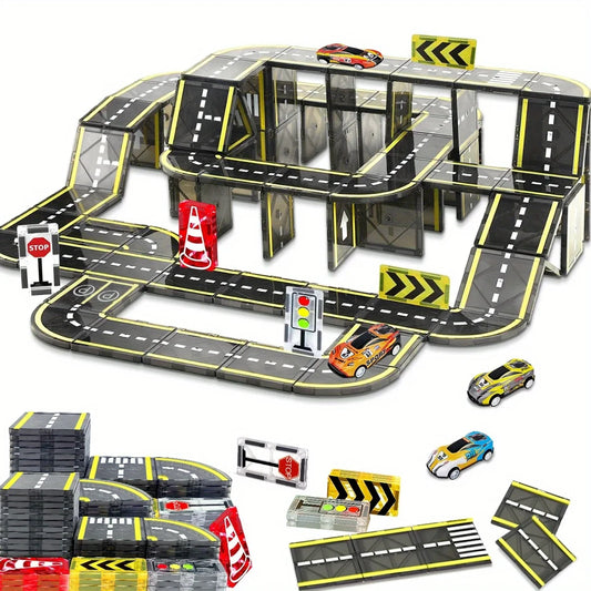 Magnetic track construction kit for building creative race tracks and STEM learning play.