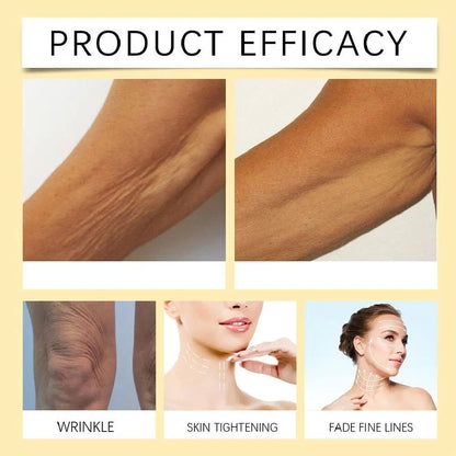 Product efficacy claims with before-and-after images of skin on different parts of the body.
