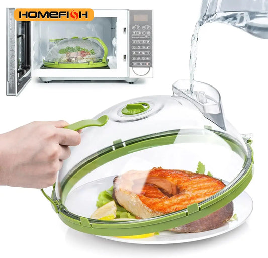 Microwave Splatter Cover With Water Steamer for preventing food splashes while steaming and reheating meals in the microwave.