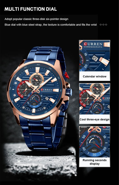 CURREN Men’s Quartz Chronograph Watch – Stainless Steel Sports Casual Wristwatch
