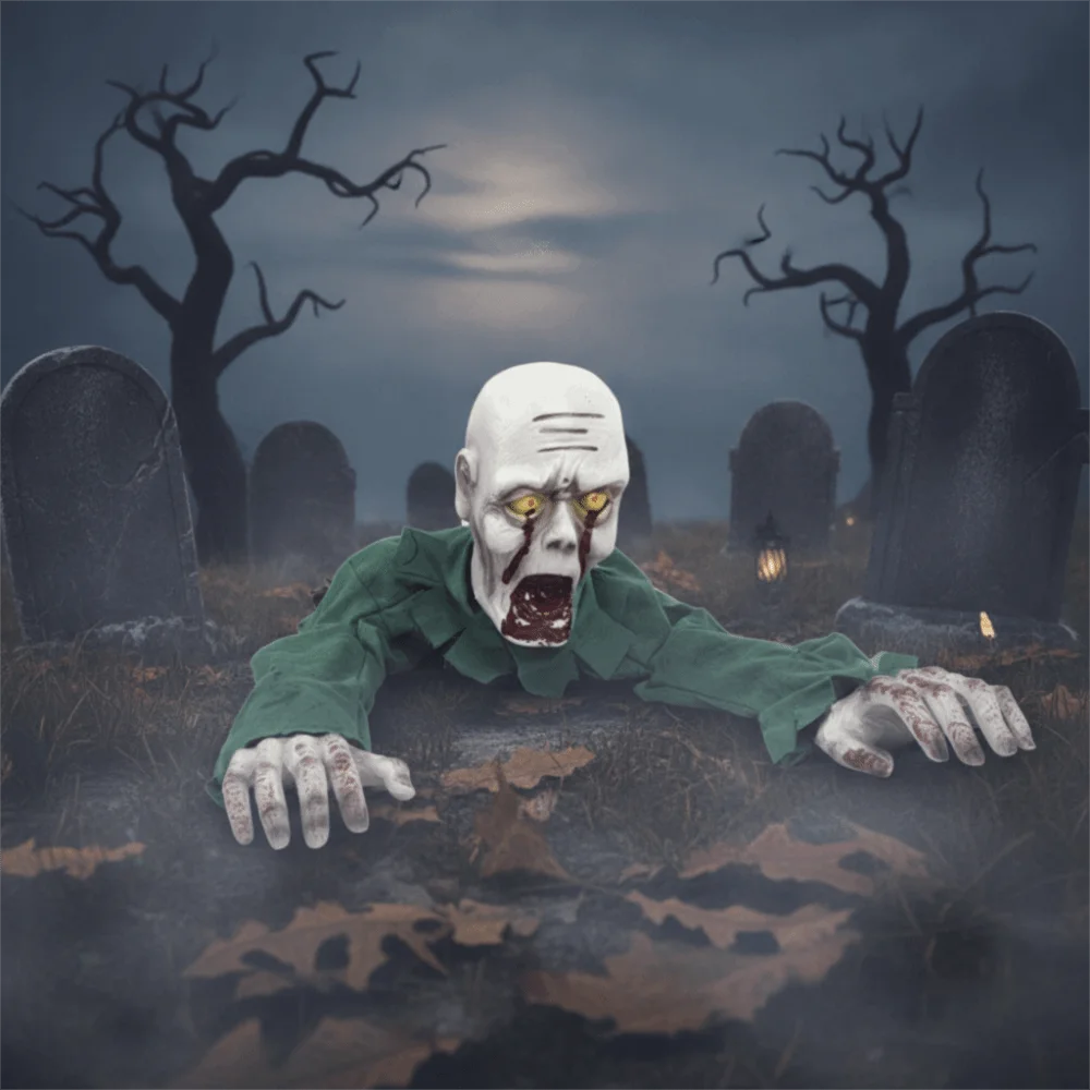 A Halloween-style zombie prop crawling out of a foggy graveyard at night, wearing a green shirt and reaching toward the viewer with yellow glowing eyes.