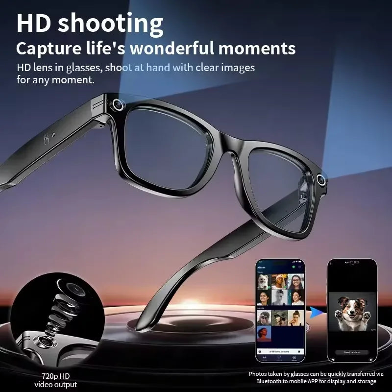 AI Smart Glasses with built-in camera, Bluetooth connectivity, and real-time translation for hands-free communication and smart recording.