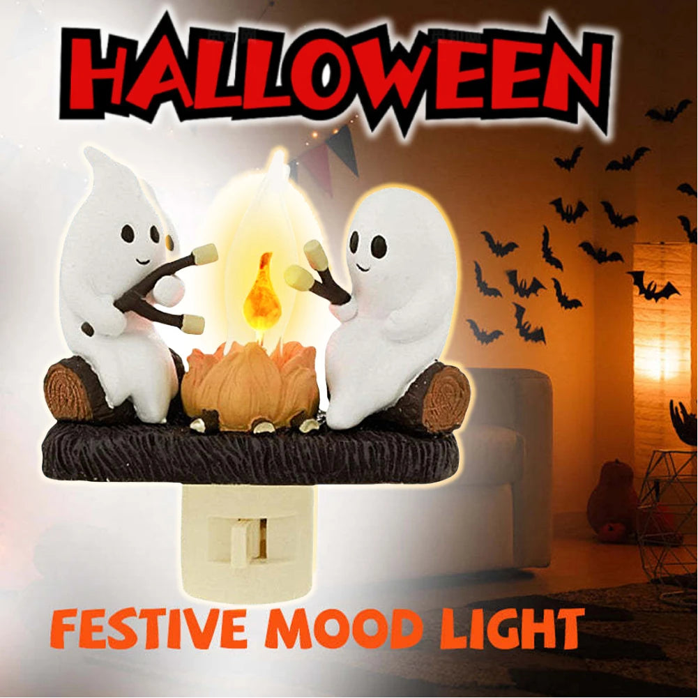 Ghost campfire flickering night light with warm LED glow effect for decorative Halloween ambiance and cozy indoor lighting.