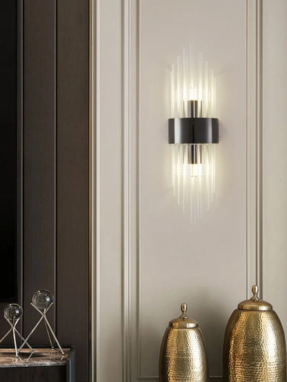 Crystal wall sconce with gold and black finish, G9 light fitting, and elegant modern design for stylish indoor home lighting.