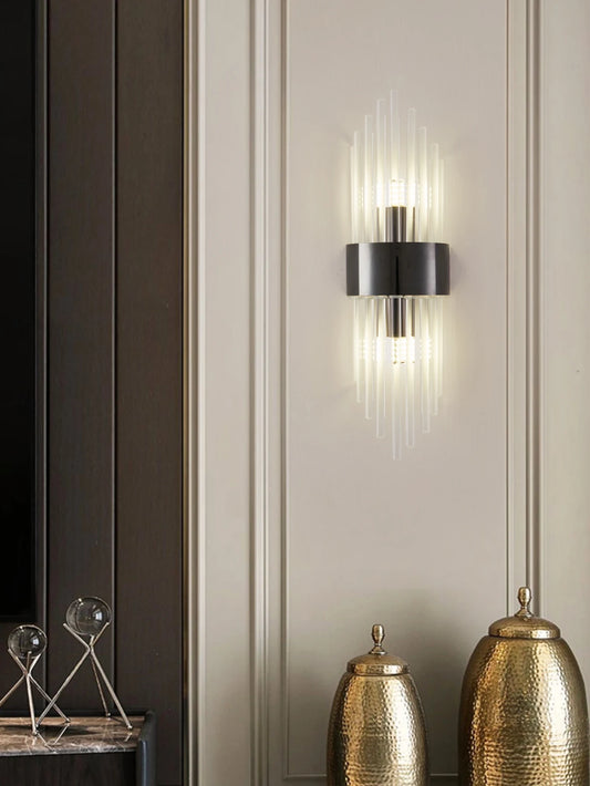 Crystal wall sconce with gold and black finish, G9 light fitting, and elegant modern design for stylish indoor home lighting.
