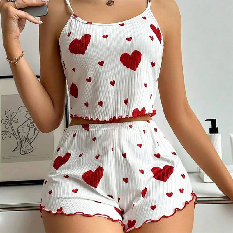 Women's 2-Piece Pajama Set Tank Top and Shorts Soft Sleepwear White Printed Loungewear