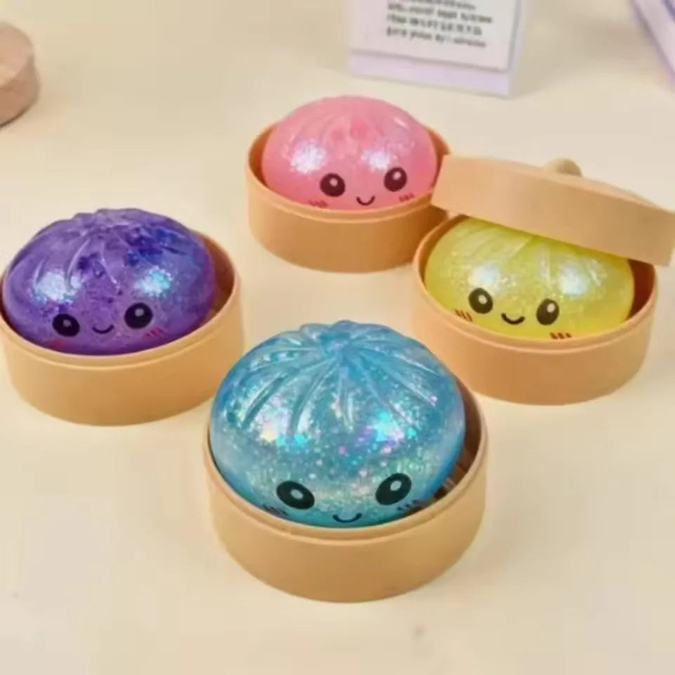 Cute dumpling fidget toy with bamboo steamer box