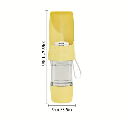 Yellow portable feeder with dimensions on a white background